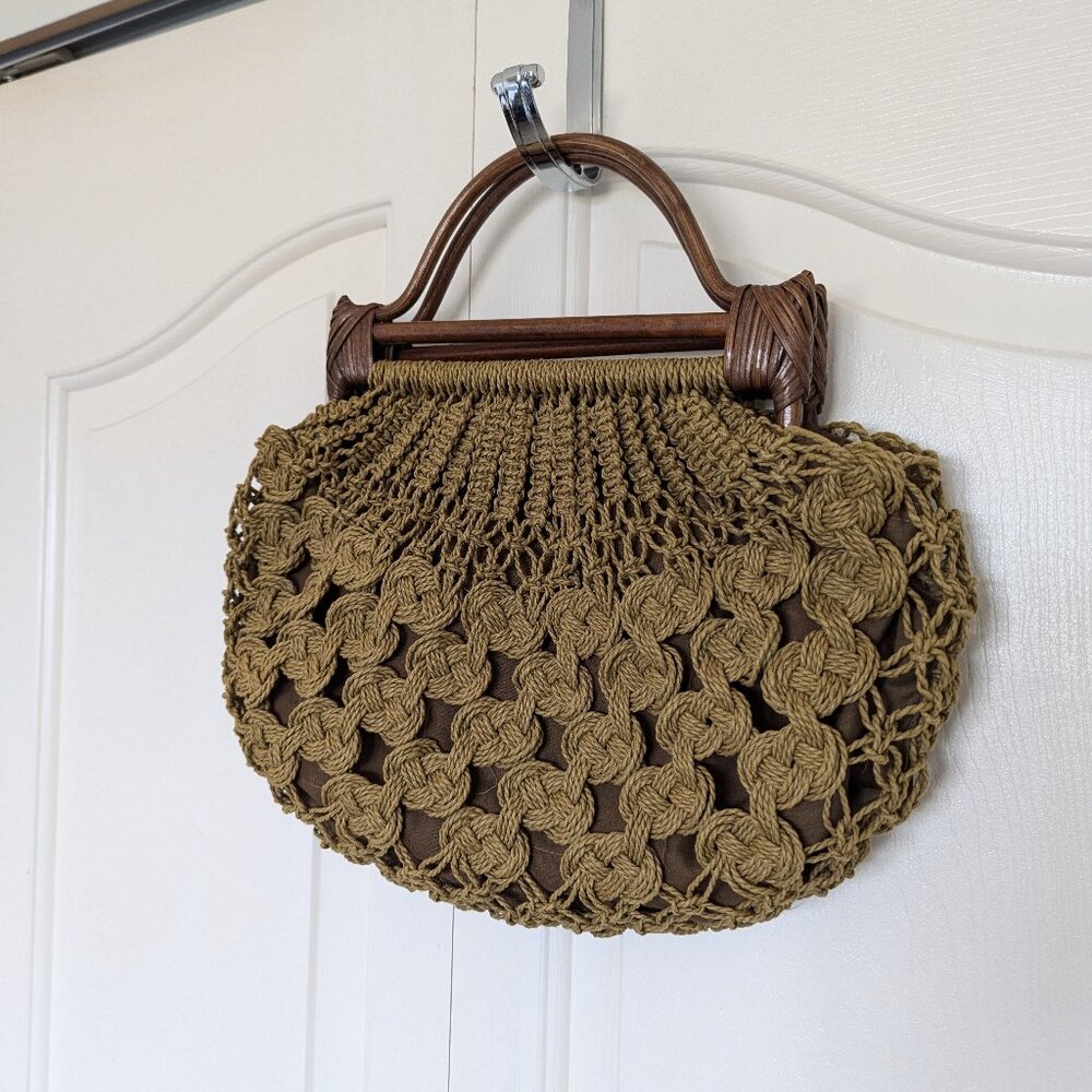 Handwoven Olive Crochet Clutch with Wooden Handles